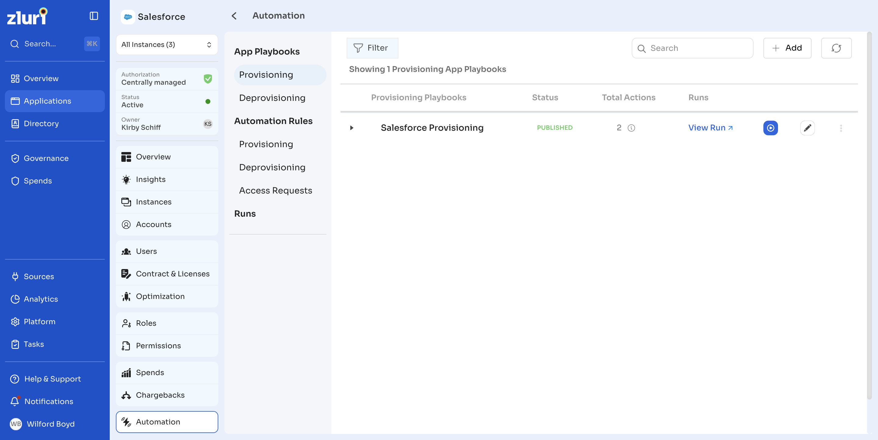 App Playbooks list on the Automation tab, showing a published provisioning playbook