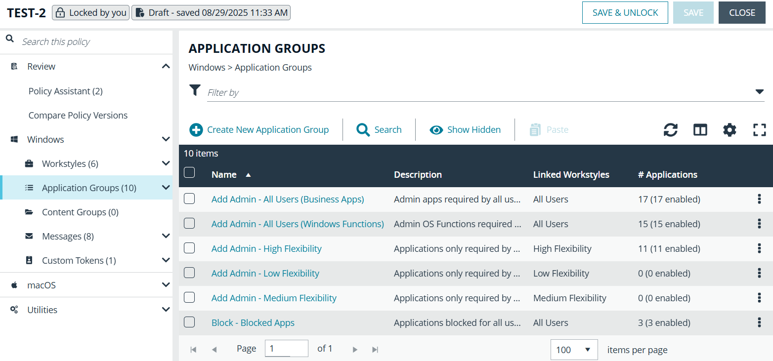 Application groups main page