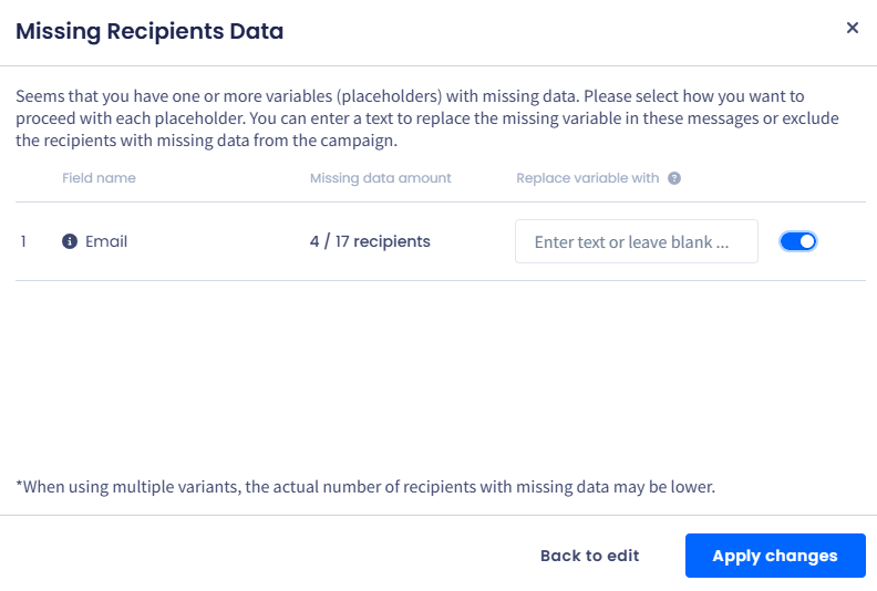 Screenshot of the Missing Recepients Data pop-up window