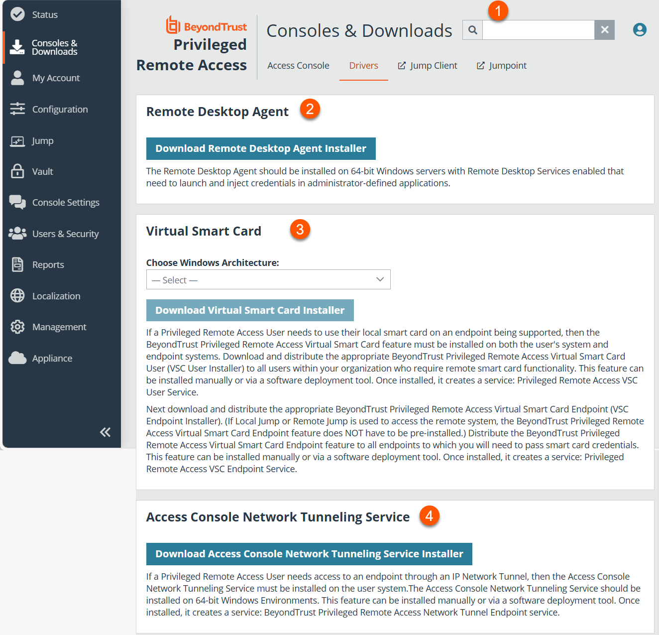 An image of the "Consoles & Downloads" section in the BeyondTrust Privileged Remote Access interface, under the "Drivers" tab. It includes three sections: "Remote Desktop Agent" with a download button and description for use on 64-bit Windows servers; "Virtual Smart Card" with a dropdown to select Windows architecture, a download button, and detailed installation instructions for both user and endpoint systems; and "Access Console Network Tunneling Service" with a download button and explanation for enabling IP network tunnel access.