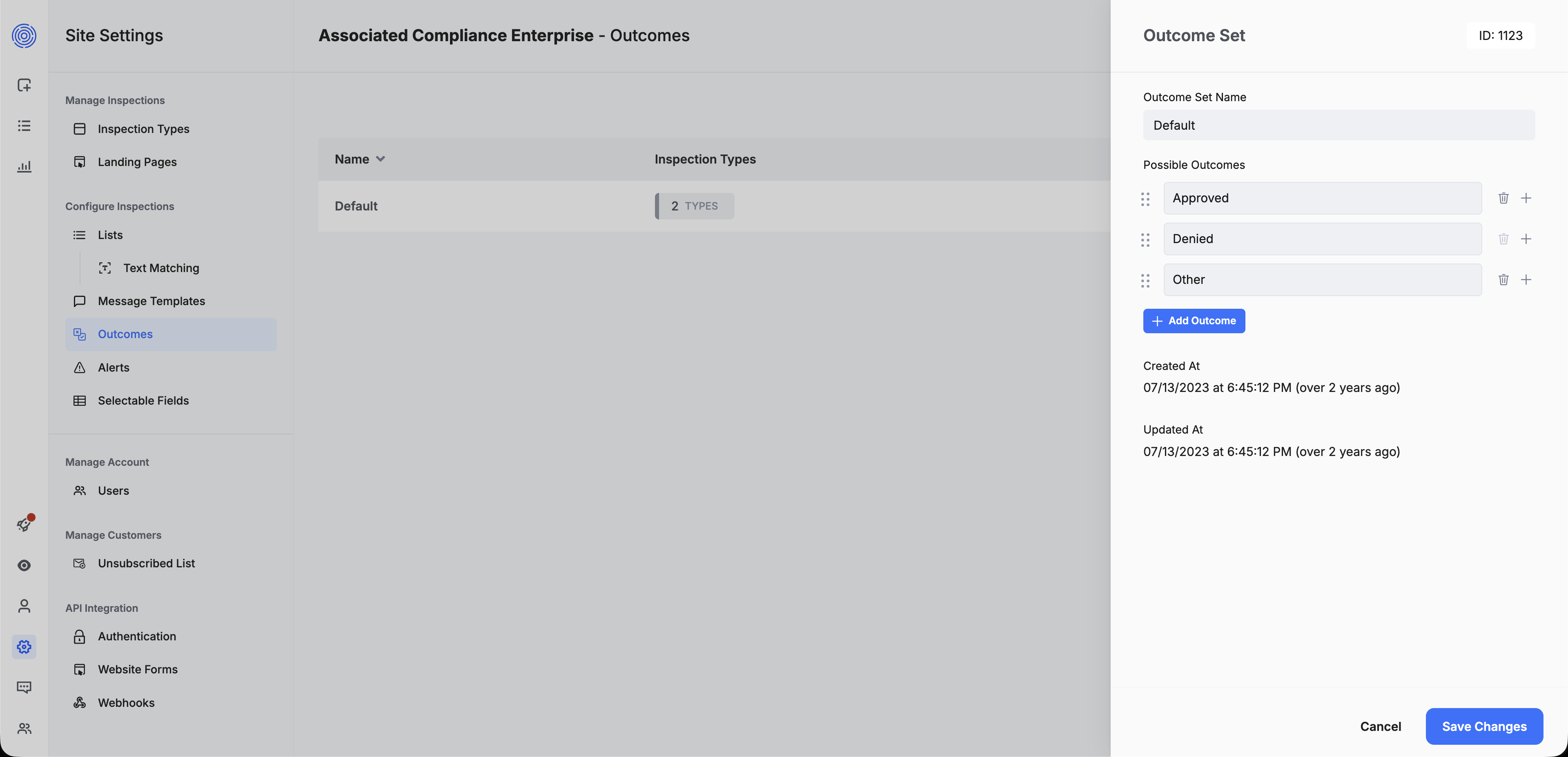 Vision Dashboard. Example of configuring an inspection outcome.