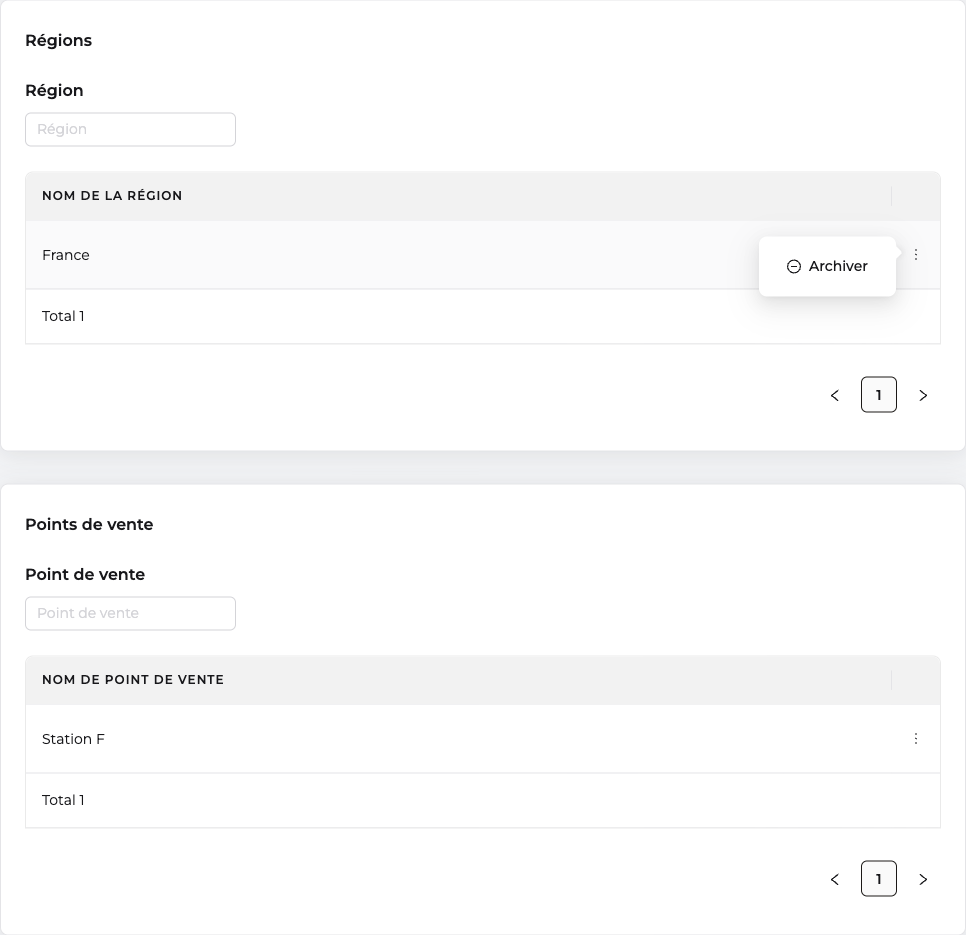 Sections Régions et Points de vente d'une bannière avec l'action Archiver