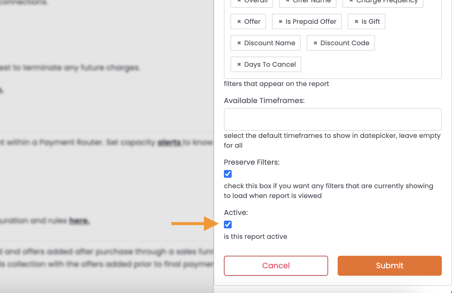 Active checkbox in advanced settings