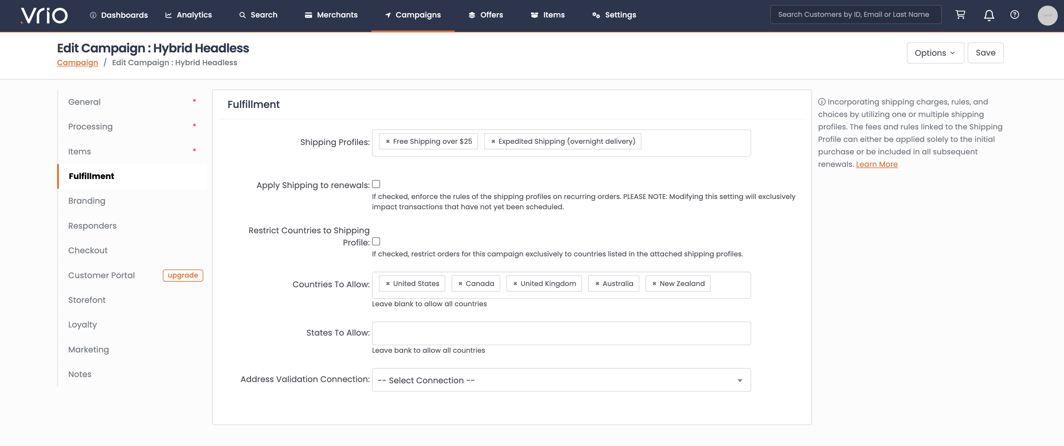 Fulfillment settings tab in Campaign