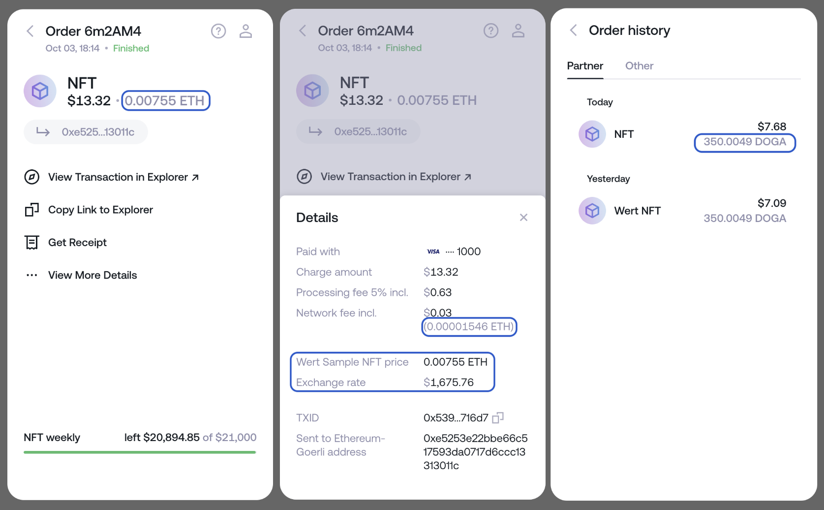 Order details and Order history screens