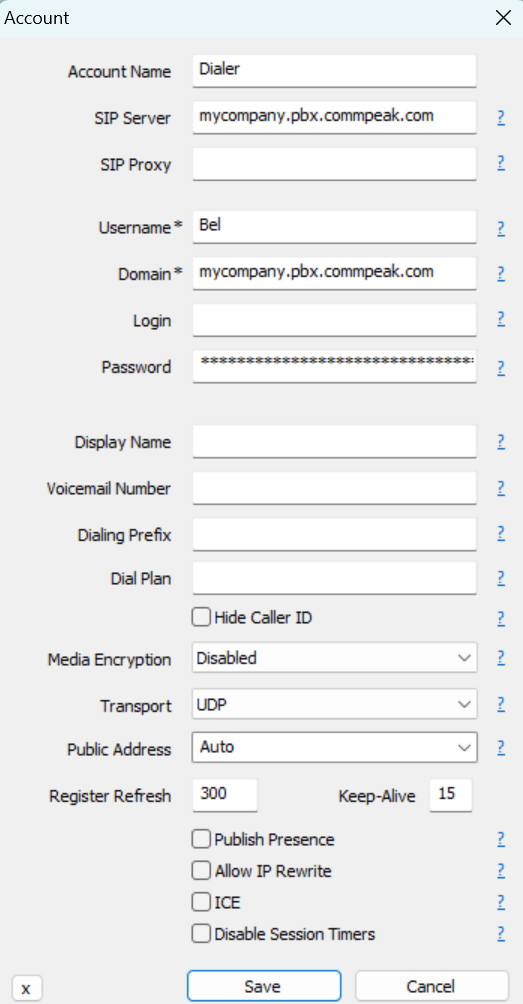 Screenshot with MicroSIP account settings