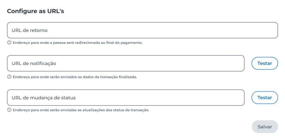 Tela da página Notificação de Pagamentos com campos para URLs de retorno, notificação e mudança de status