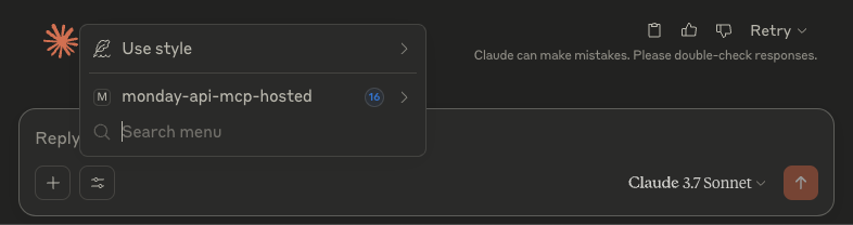 Claude for Desktop tools menu with monday.com MCP