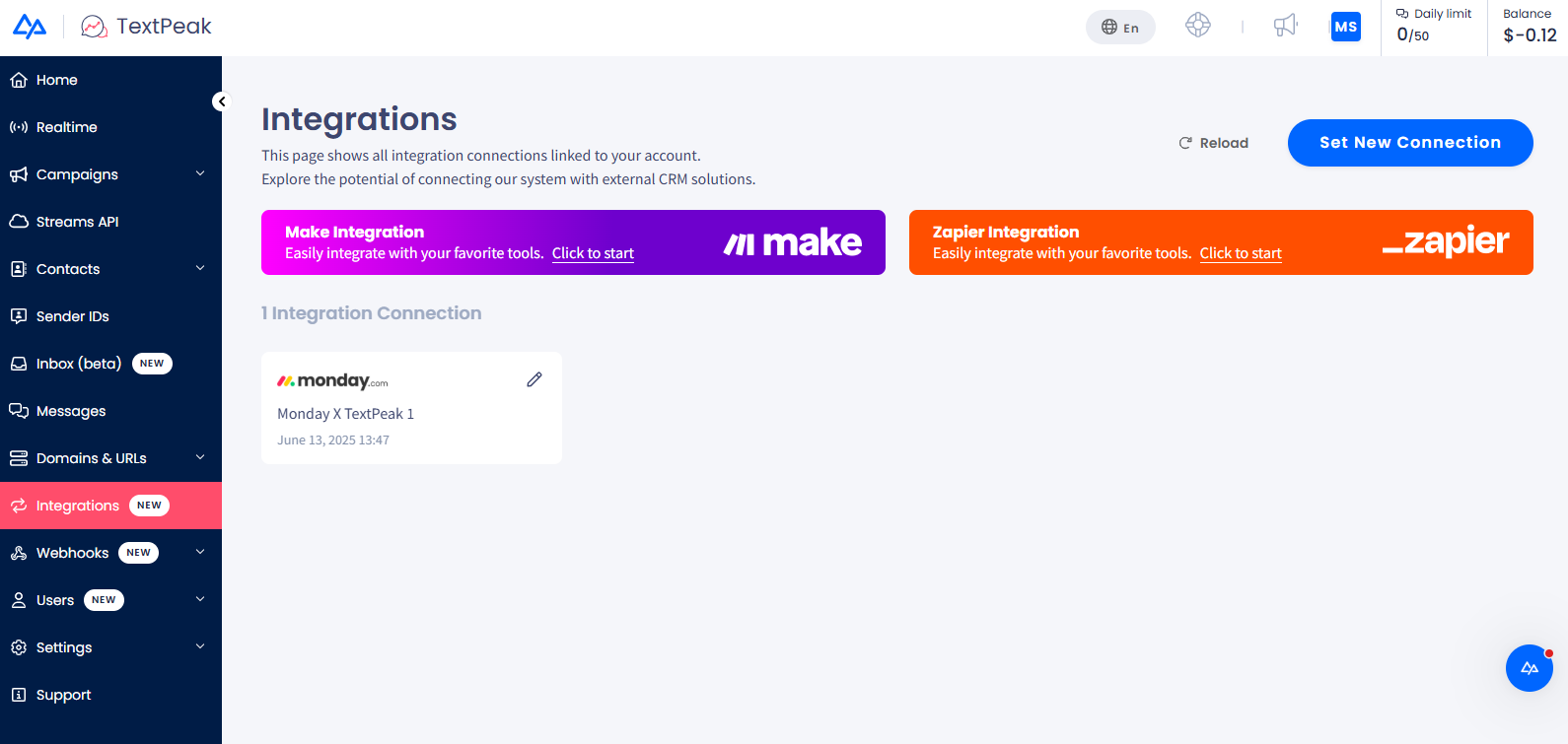 Screenshot of the monday.com integration added to Integrations tab