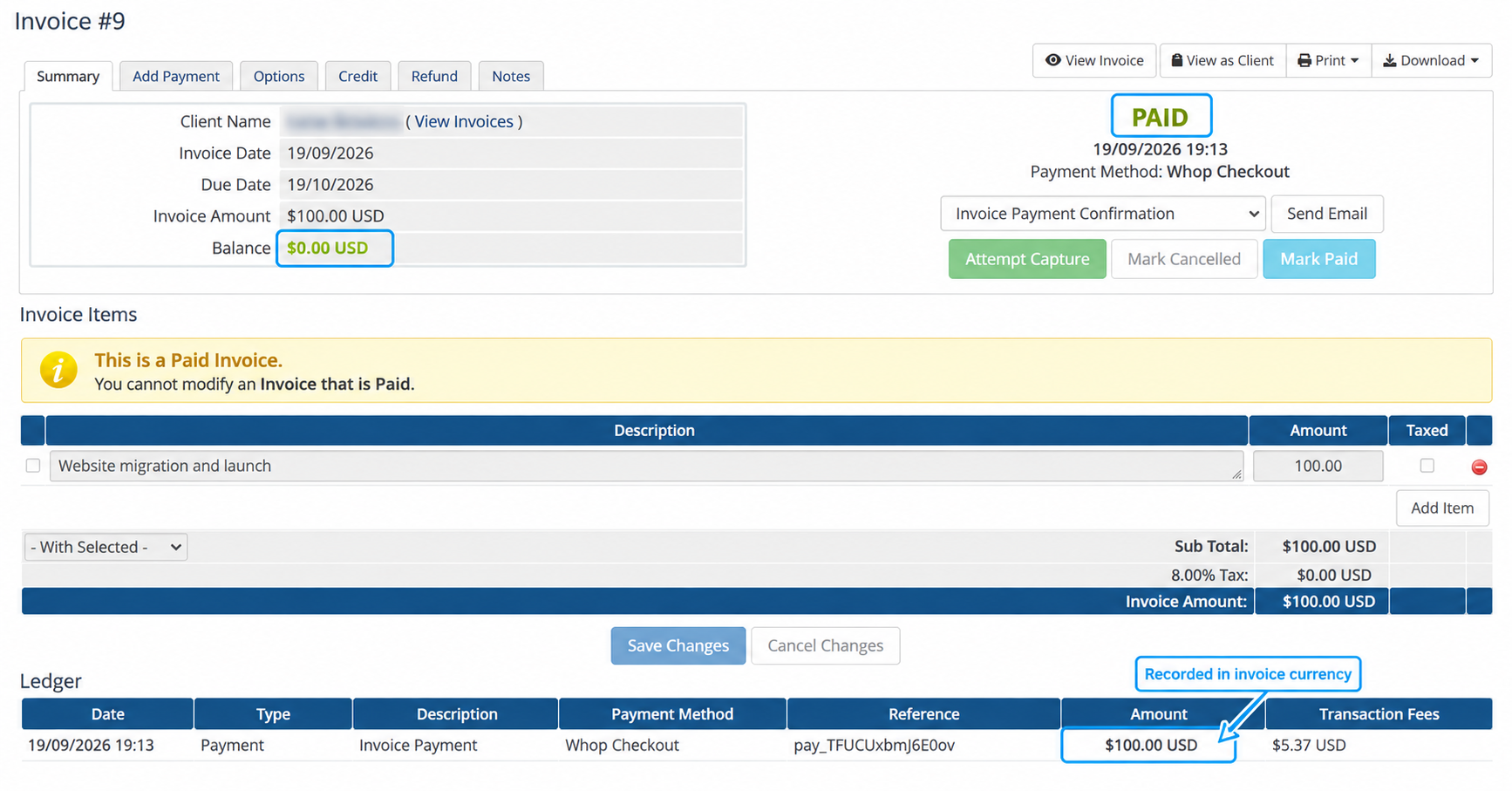 Paid WHMCS invoice and transaction in USD