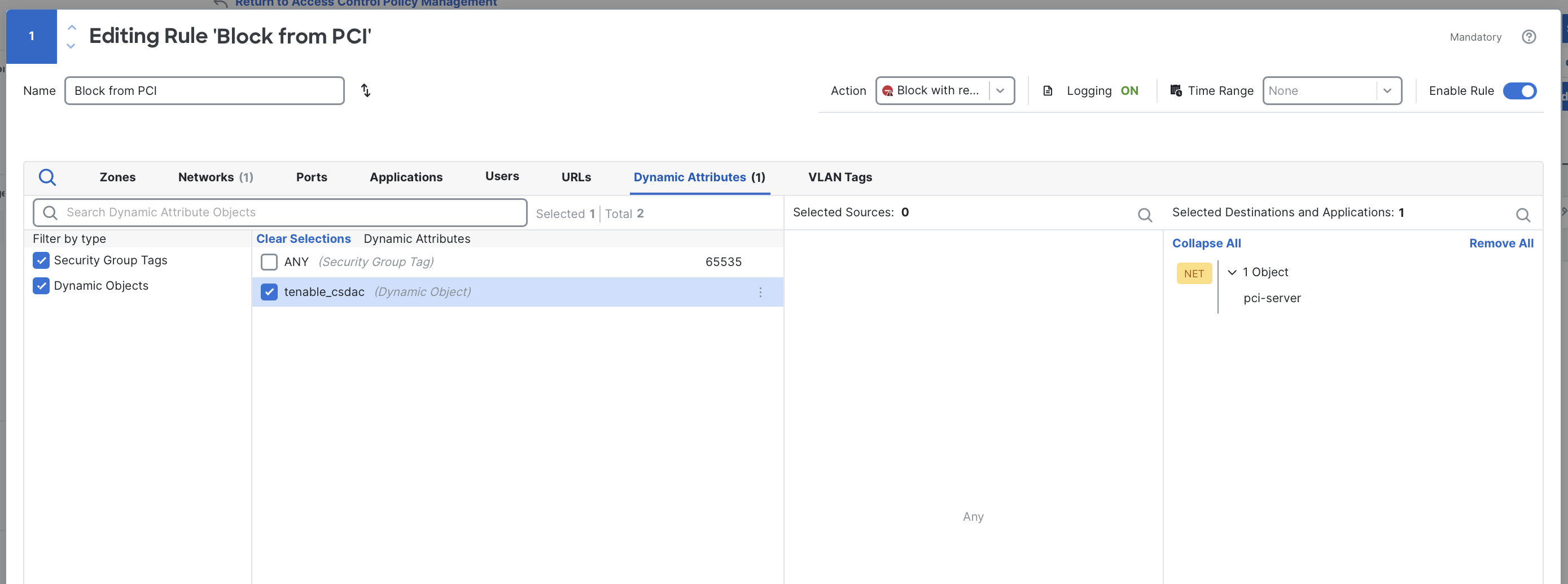 Select dynamic objects from the Dynamic Attributes tab in the access control rule editor.