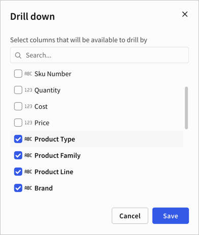 Edited list of columns for the chart, with columns like Quantity deselected while columns like Product type remain selected.