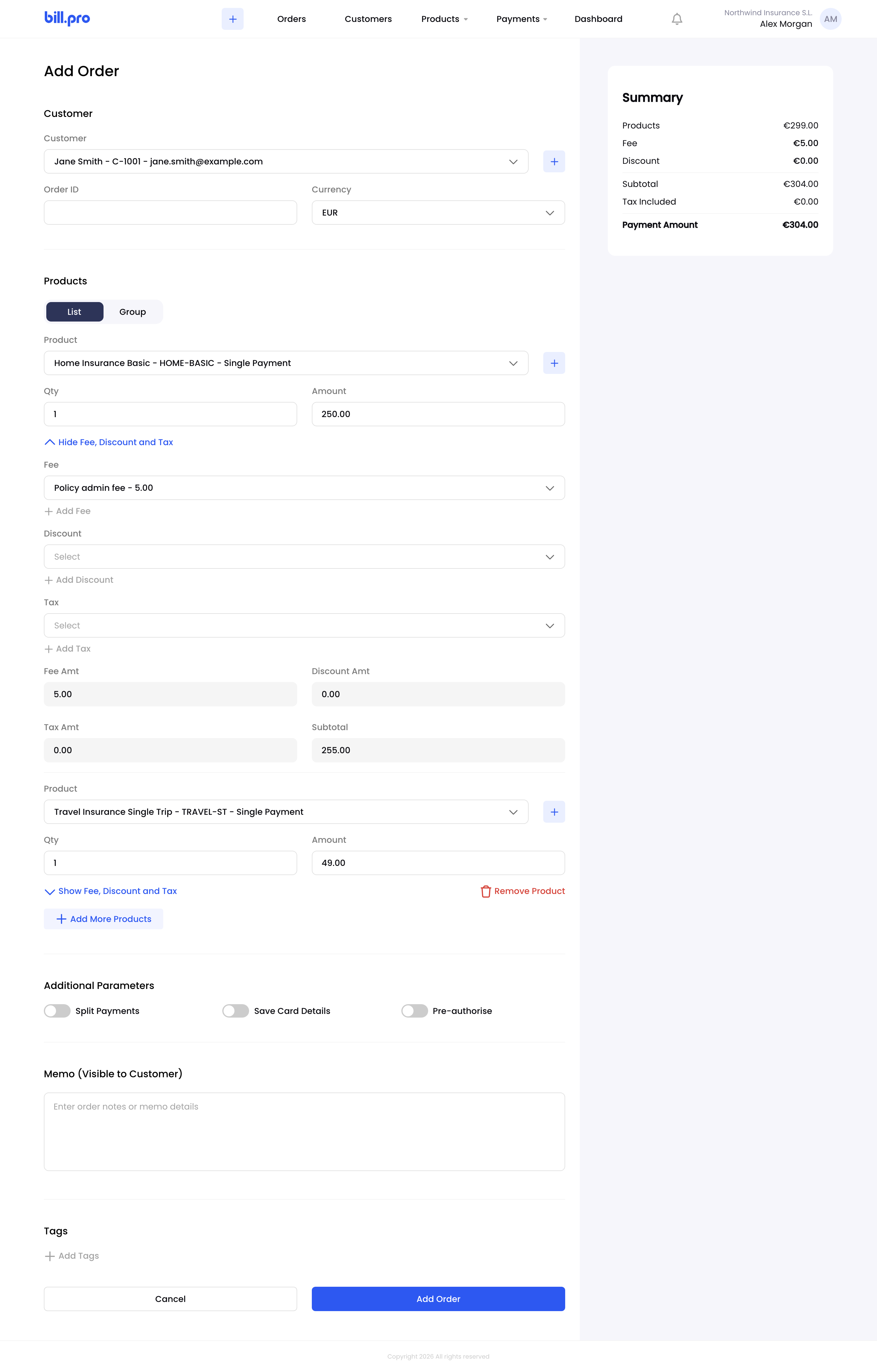Add Order with two single payment products and a fee