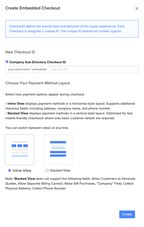 Create Embedded Checkout modal showing company sub-directory ID field and layout options for Inline or Stacked View