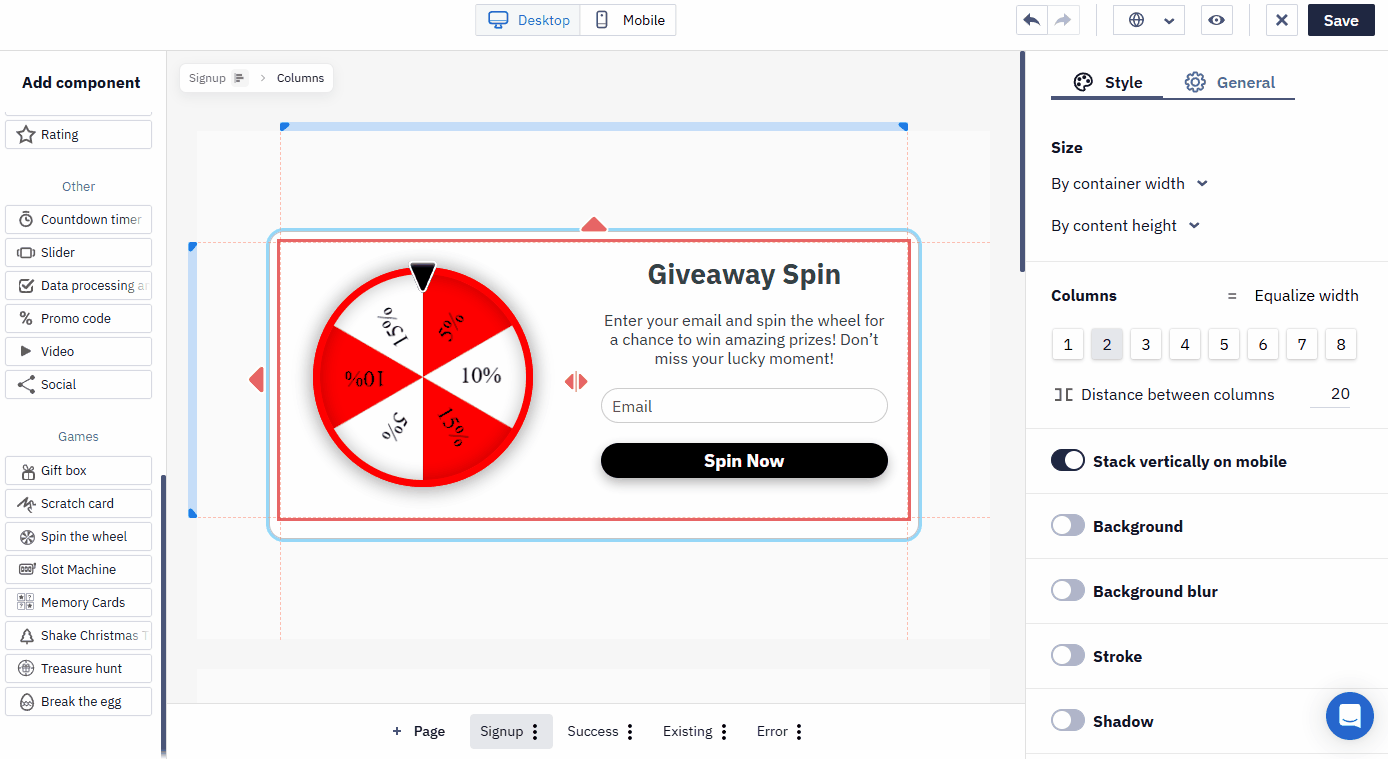 Widget editor with the Giveaway Spin wheel element selected, showing the Rewards table and Edit rewards button on the right panel