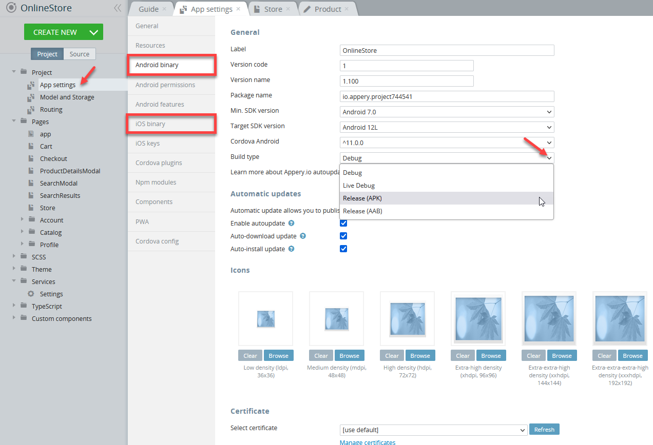 Selecting iOS binary build type