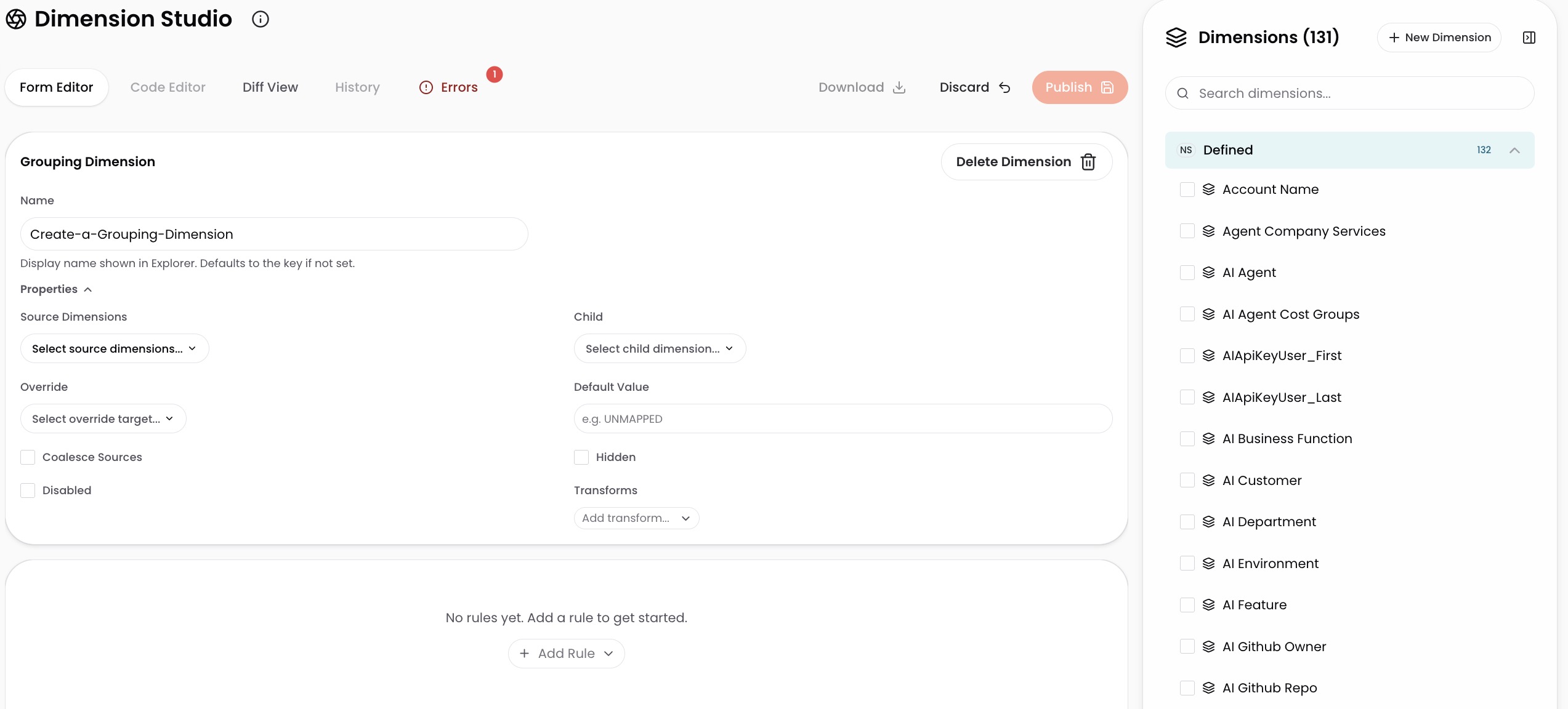 Dimension Studio form editor for a new Grouping Dimension