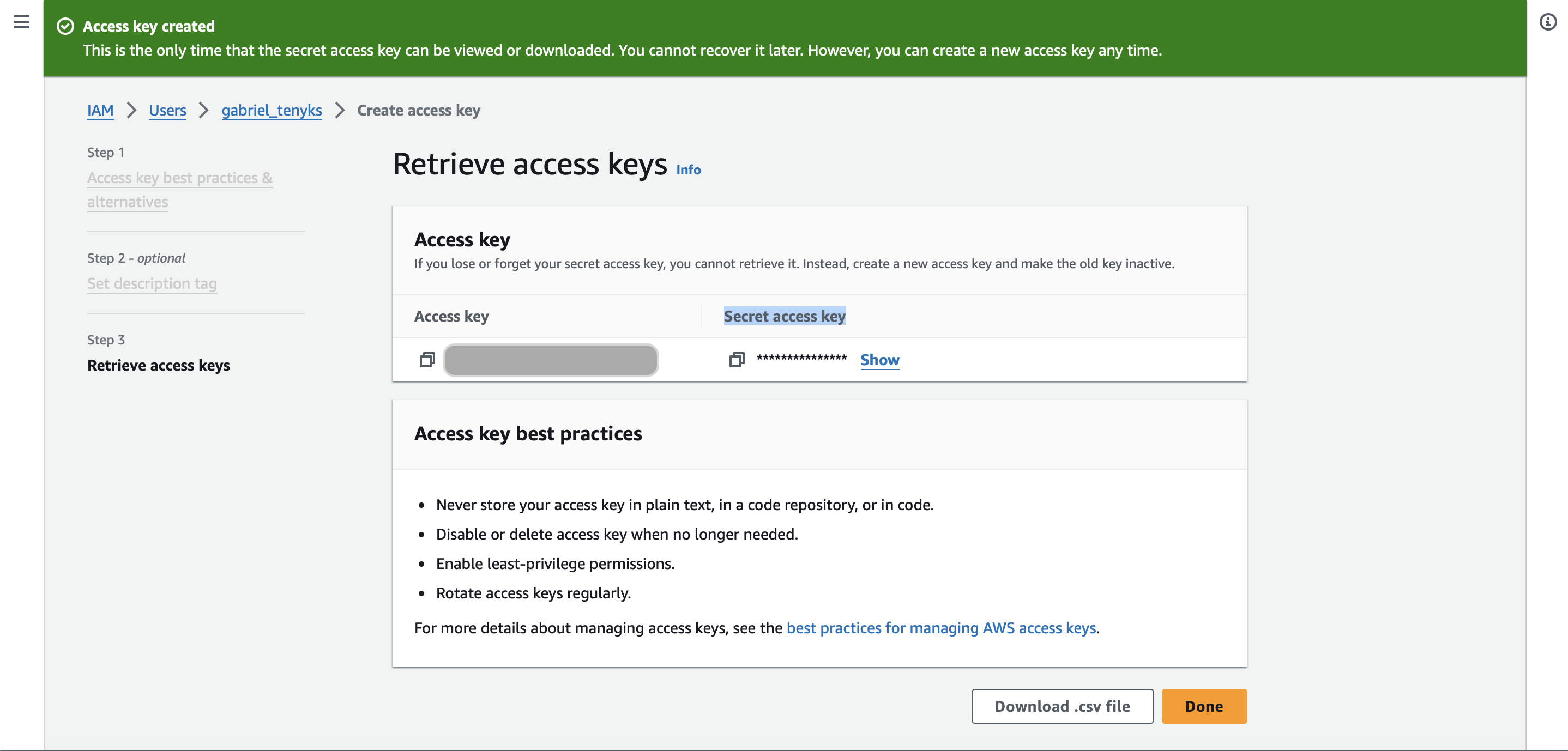 Figure 12. Access key created 