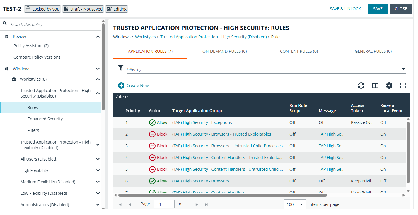 TAP workstyle showing the blocked applications