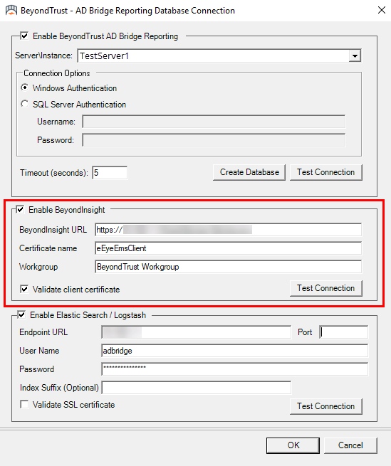 Reporting Database Connection screen