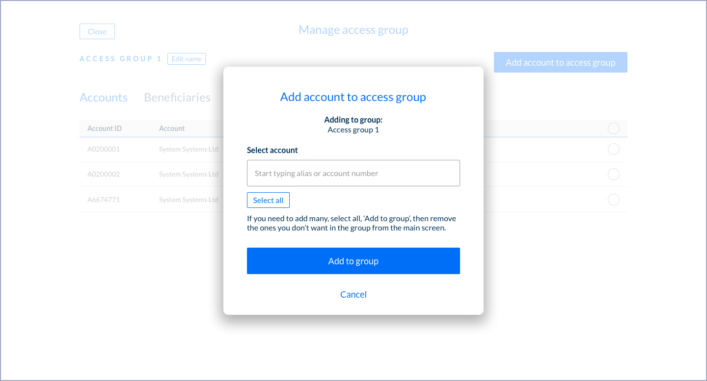 Select an account and add it to an Access Group
