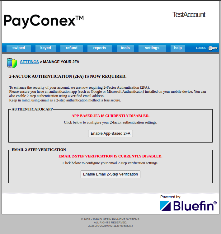 PayConex Enable Email 2-Step Verification Button