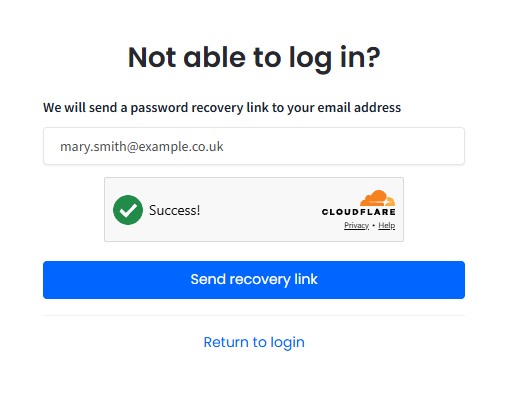 Screenshot of the Not able to log in? screen