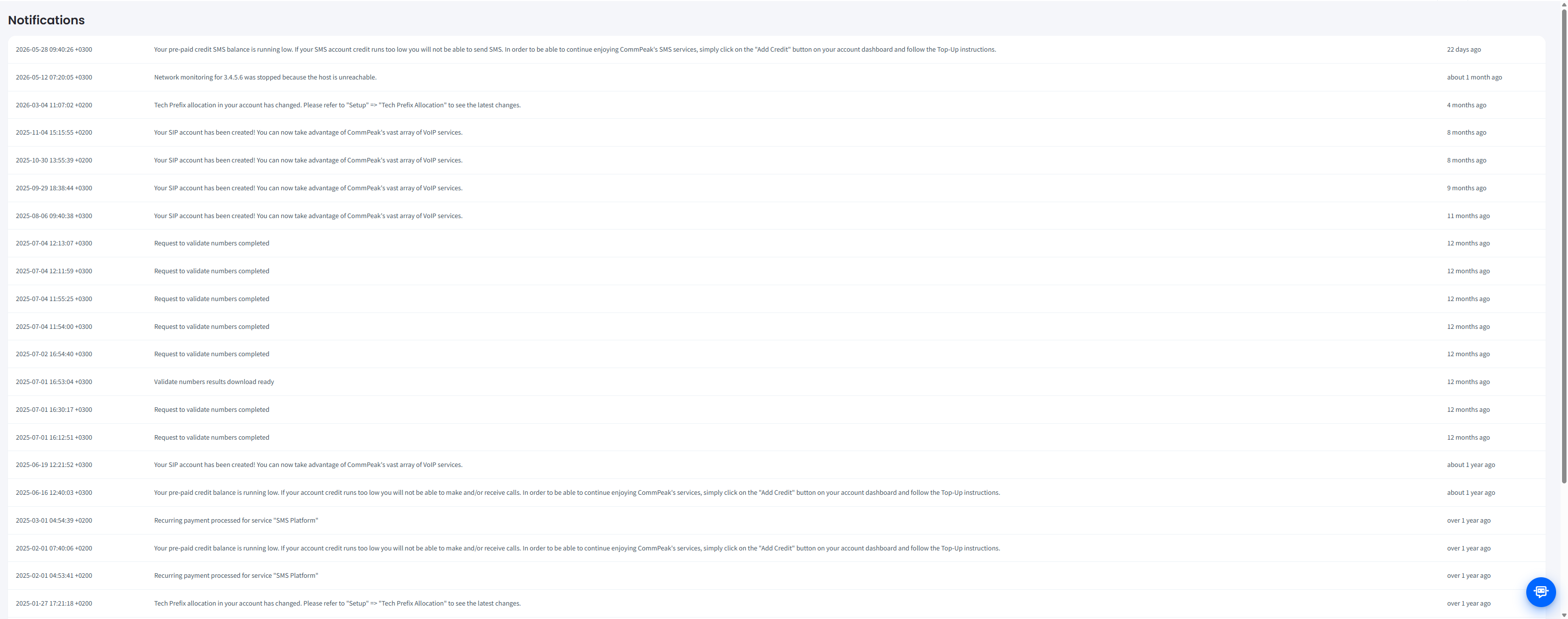Screenshot of the Notifications page