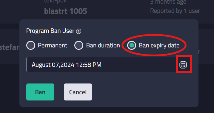 Ban expiry option with no limit and calendar option to select date and time