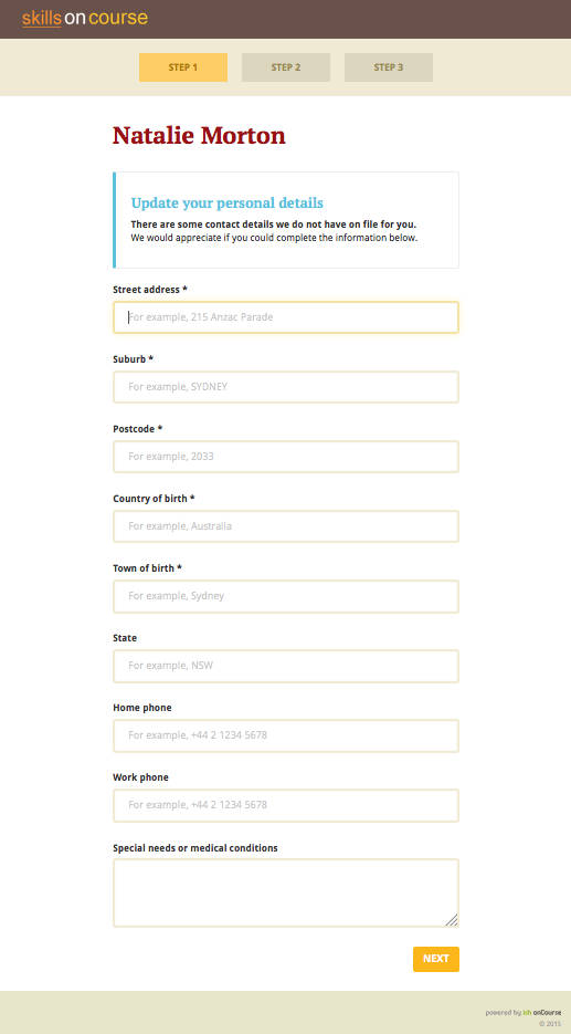 Figure 452. Step 1: This is the screen the students will arrive at. Fields will only be shown if data isn