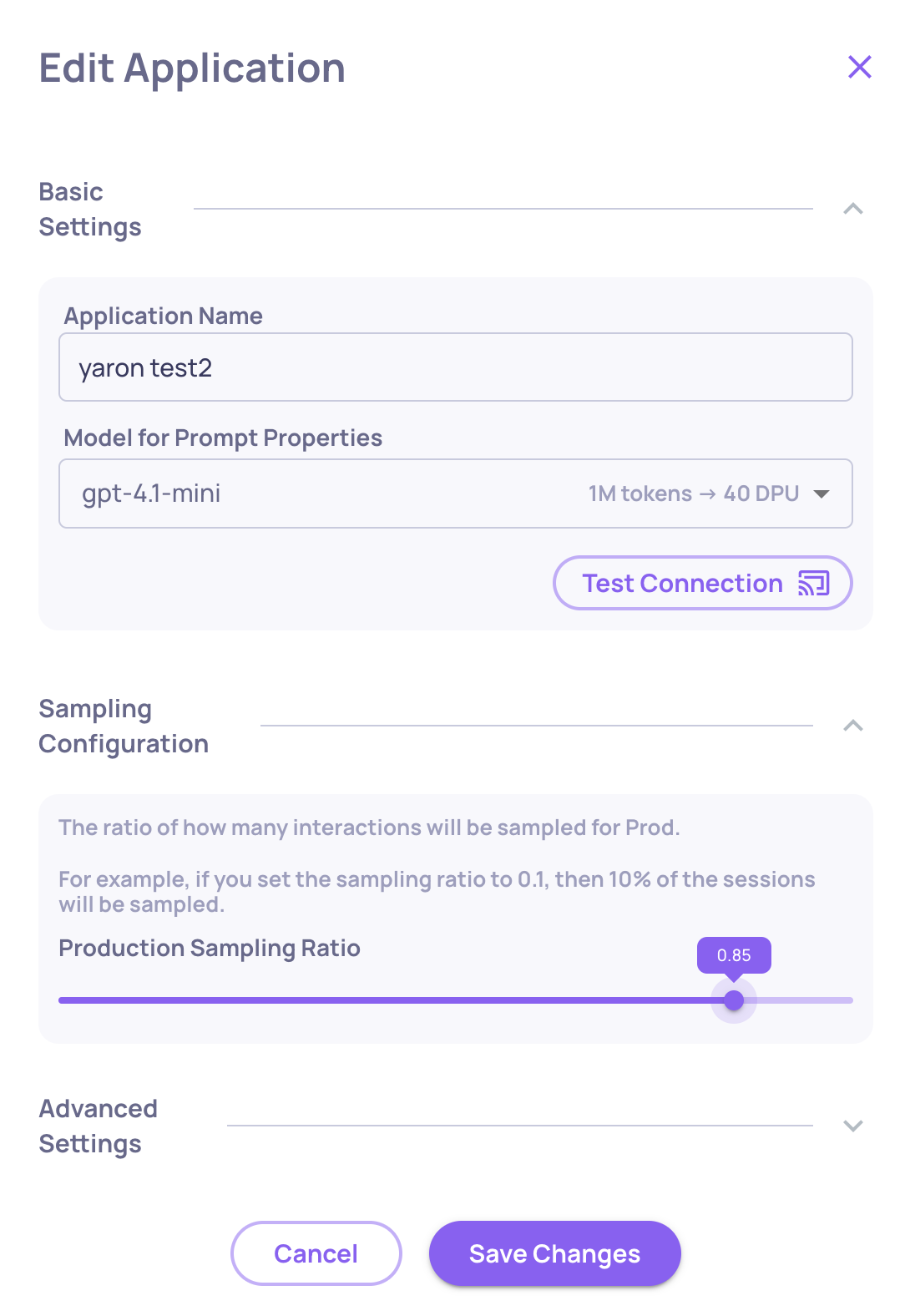 Modify Production Data Sampling Ratio Through the "Edit Application" Flow