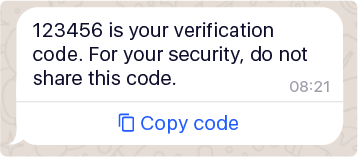 A screenshot of a message with a OTP and a copy code button.