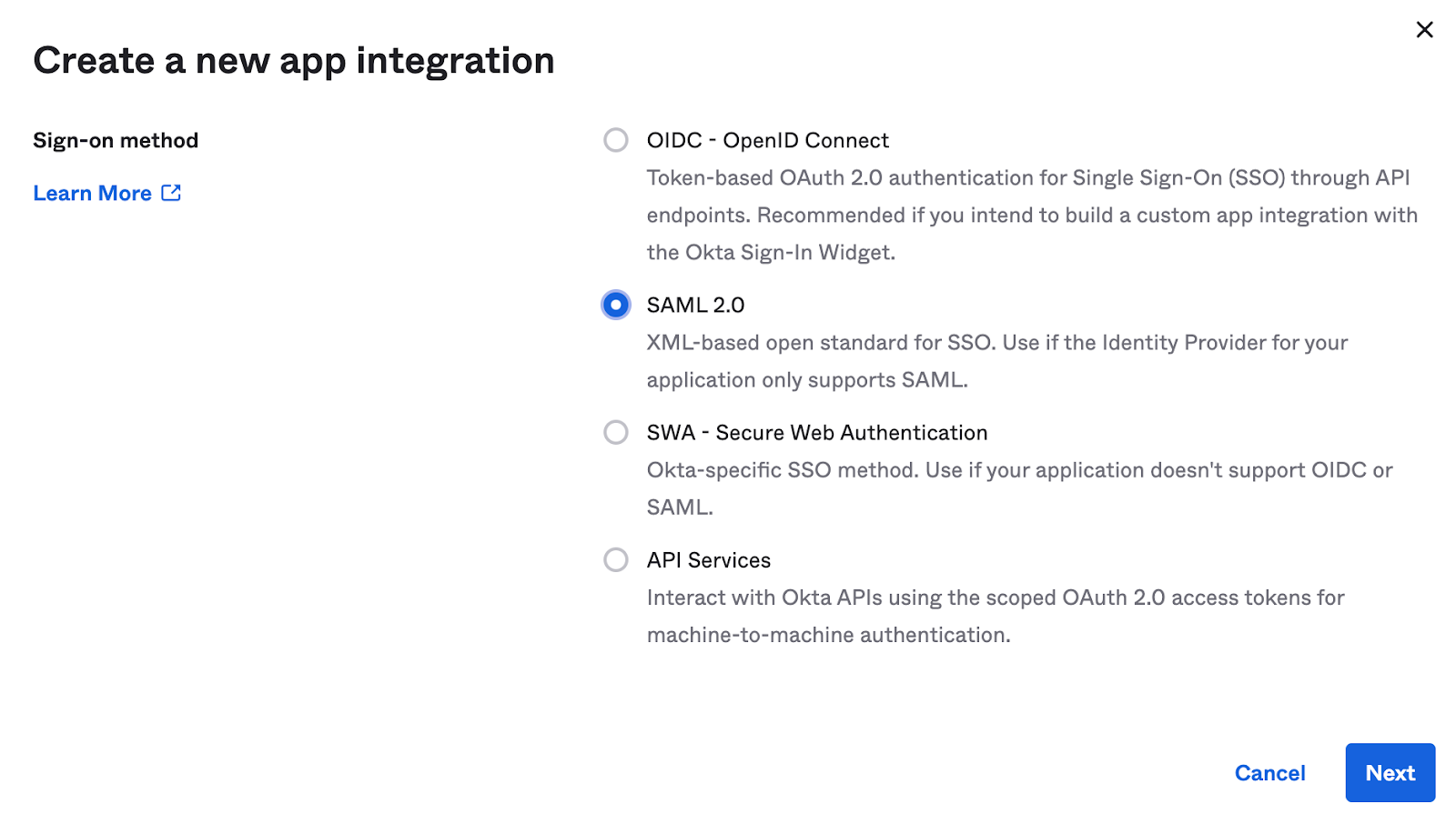 Configuring a new SAML app 1a