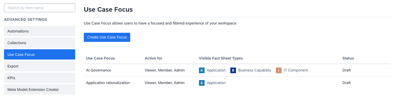 Use Case Focus Section in the Administration Area