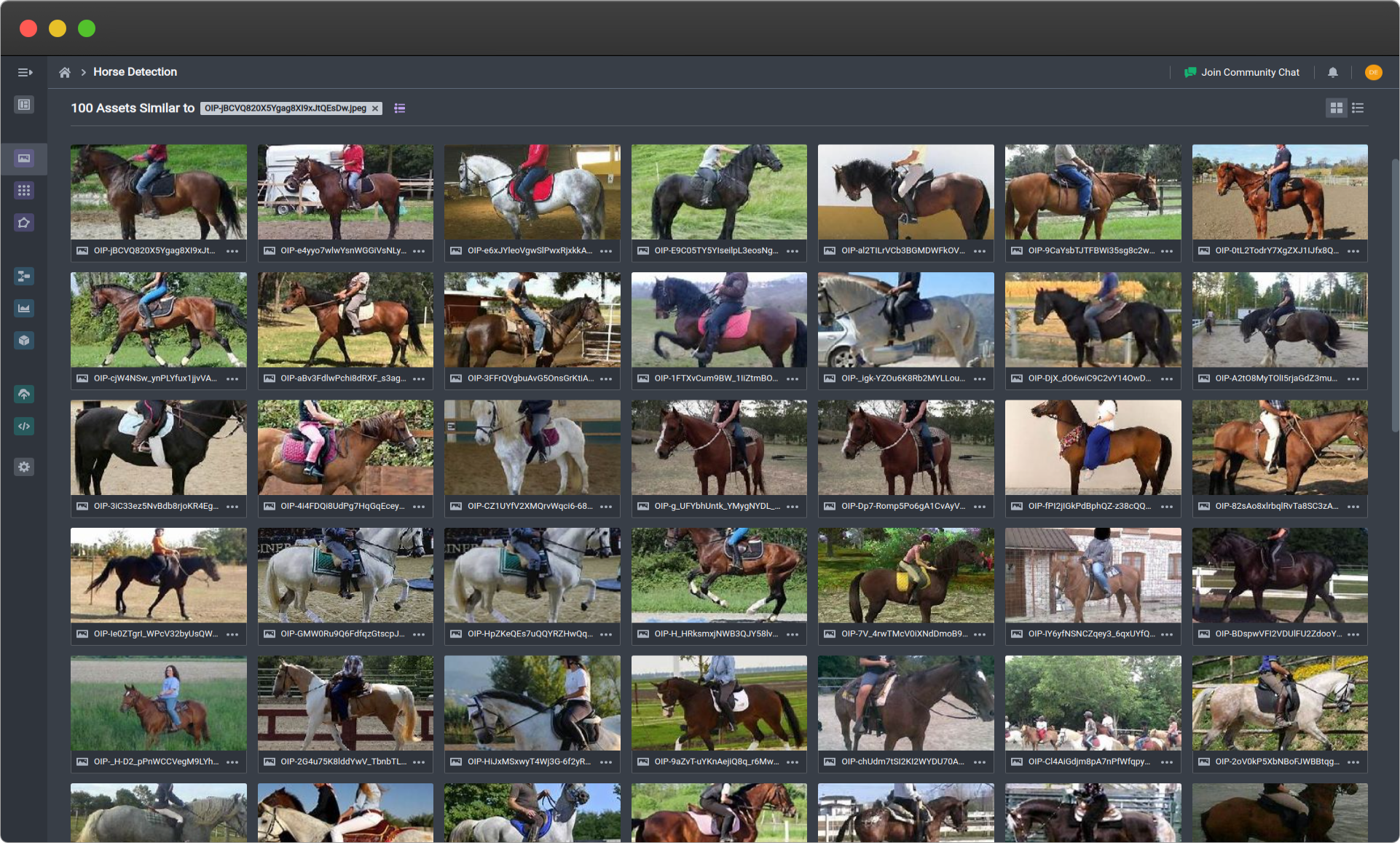 Using Similarity Search to find all horses with riders. Query image is the first image on the top-left .