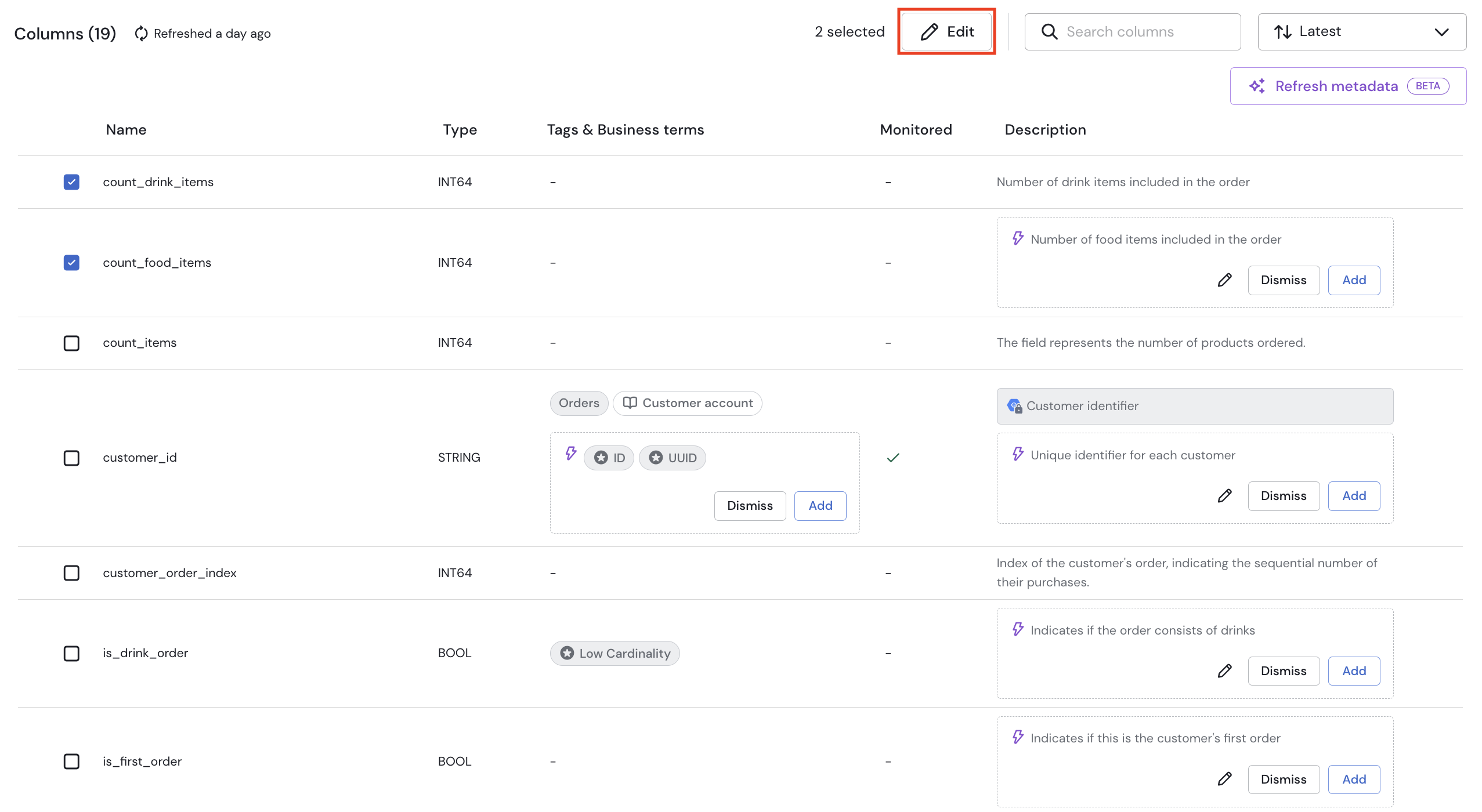 Asset Page Columns Tab Field Bulk Edit