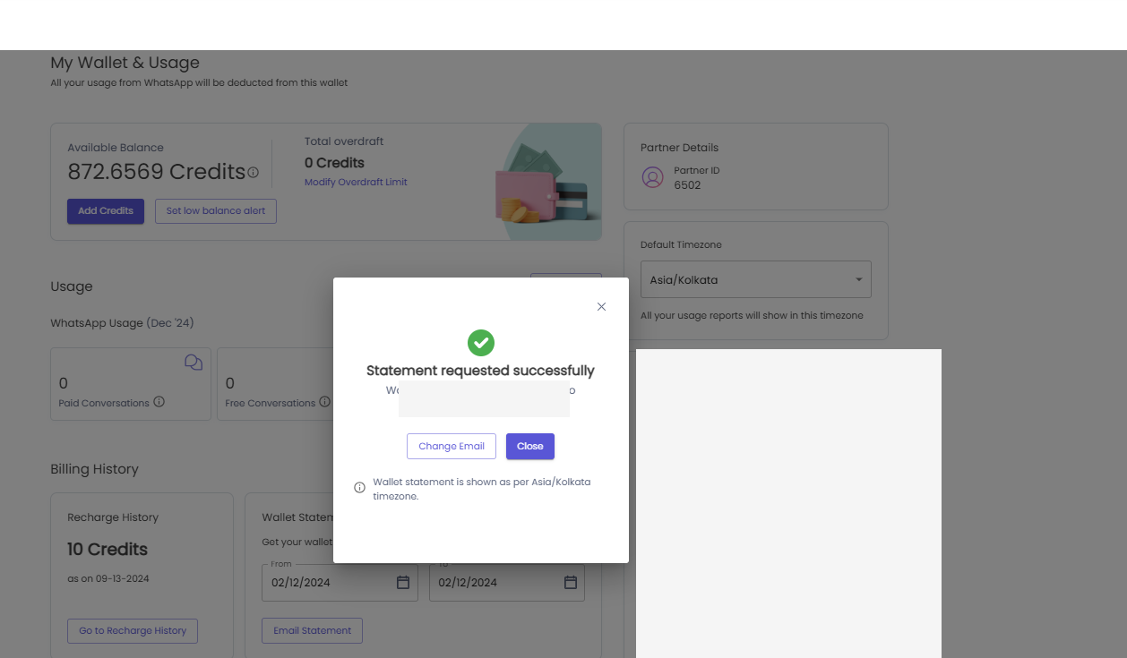 Confirmation that a wallet statement request was submitted