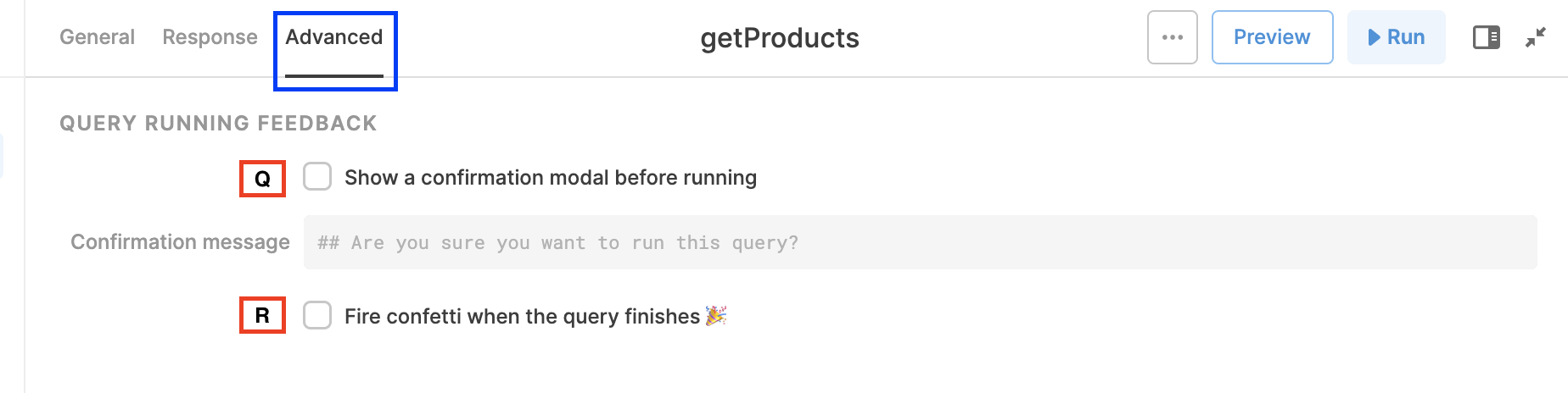 Additional settings available for queries set to “Run query only when manually triggered”