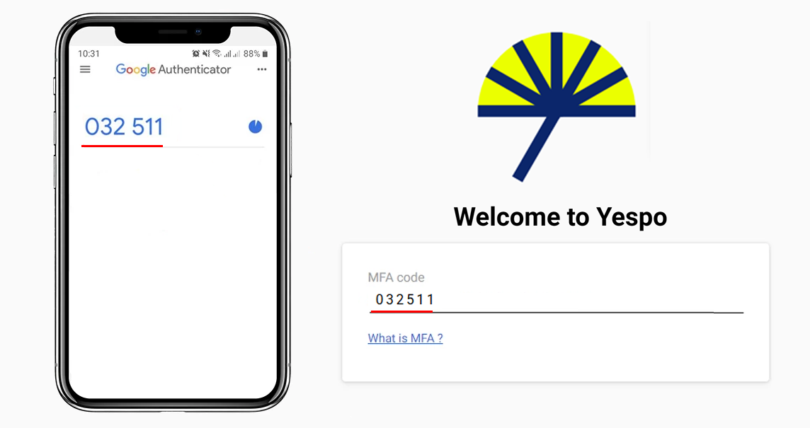 Google Authenticator app showing a one-time code next to the login screen's MFA code field