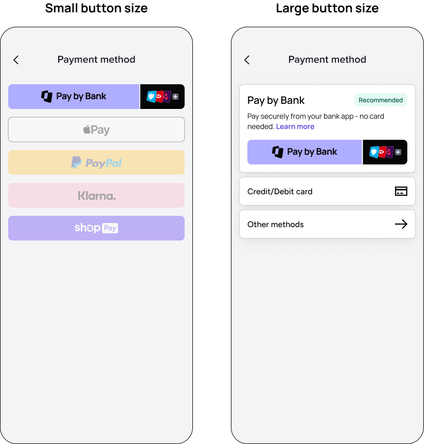 Examples of the Web SDK button UI with the `large` and `small` button sizes.