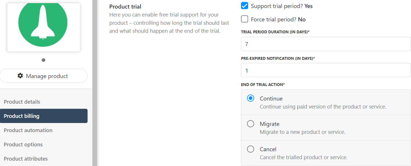 Product Billing Settings