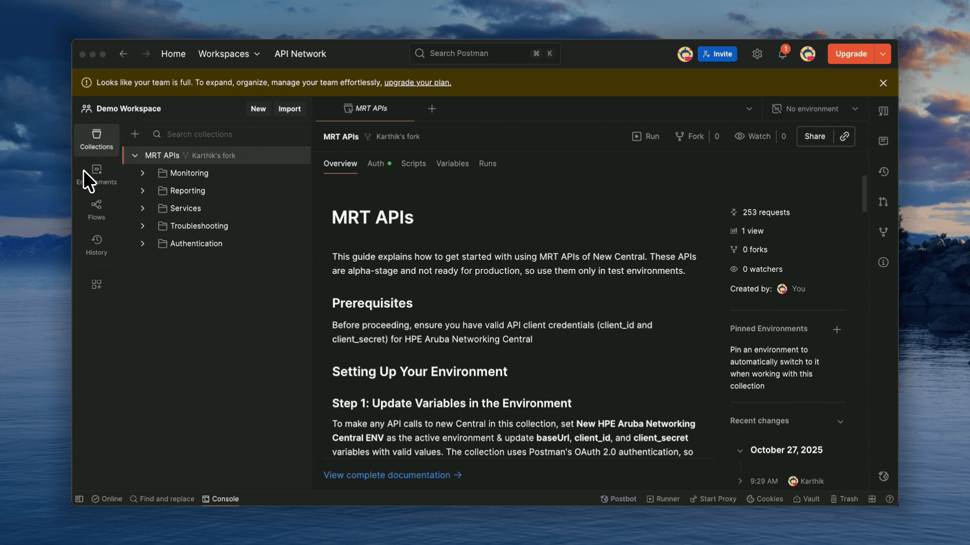 Steps in action: setting up the environment and completing authentication in Postman