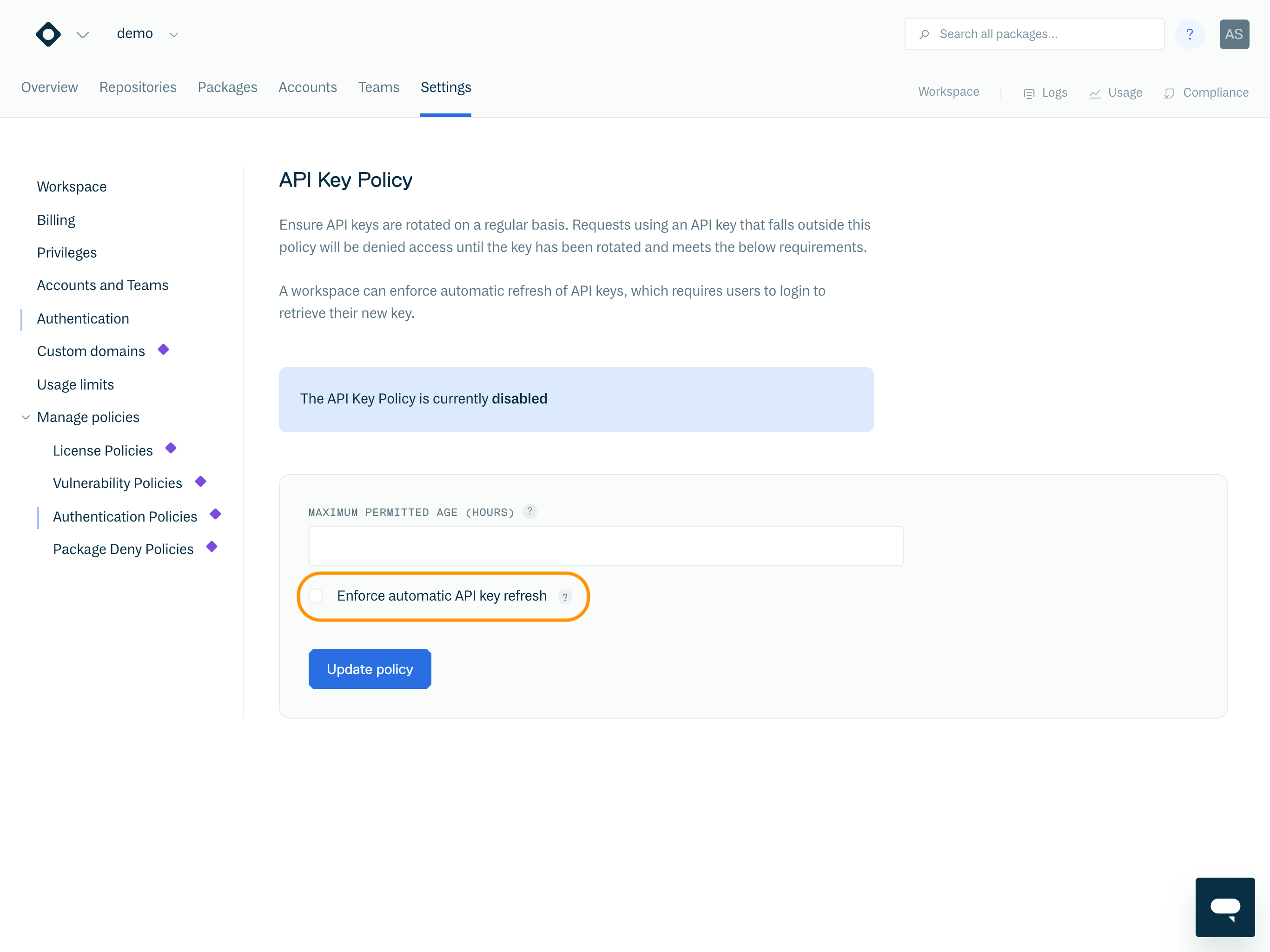 Enable API Key Policy with enforced automatic API key refreshing