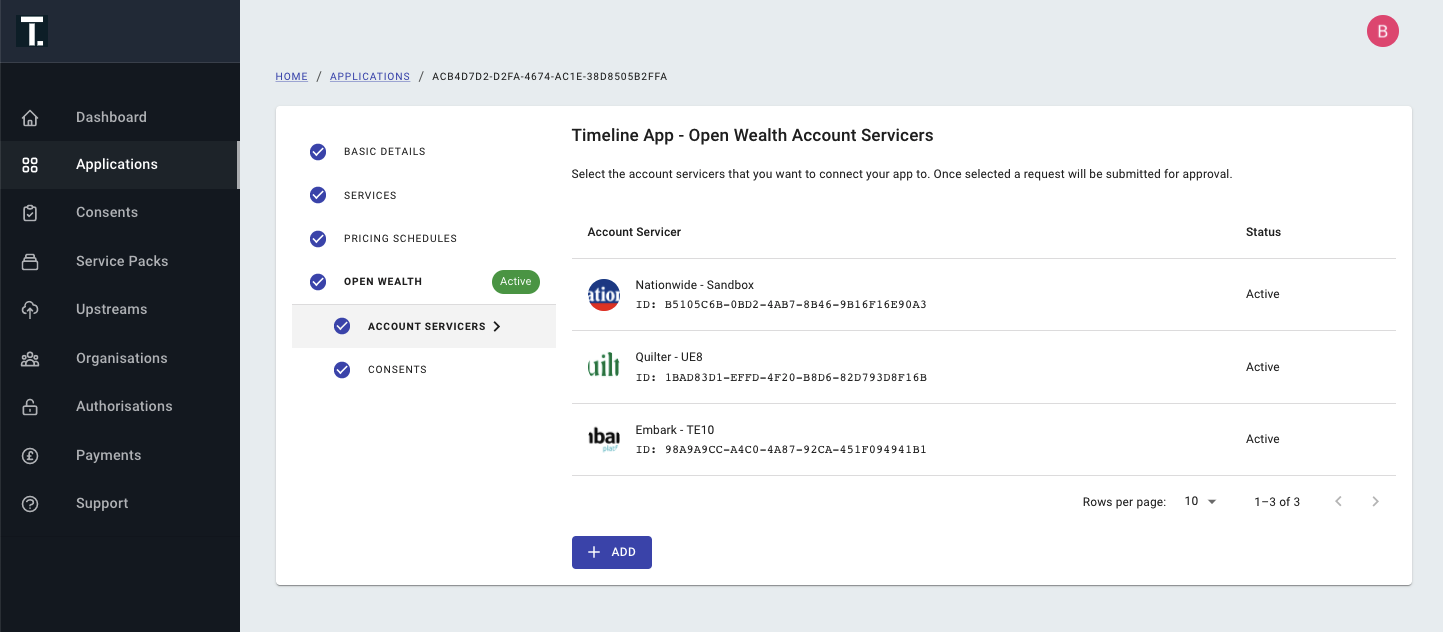 Account Servicers page on the Tapico Developer Portal