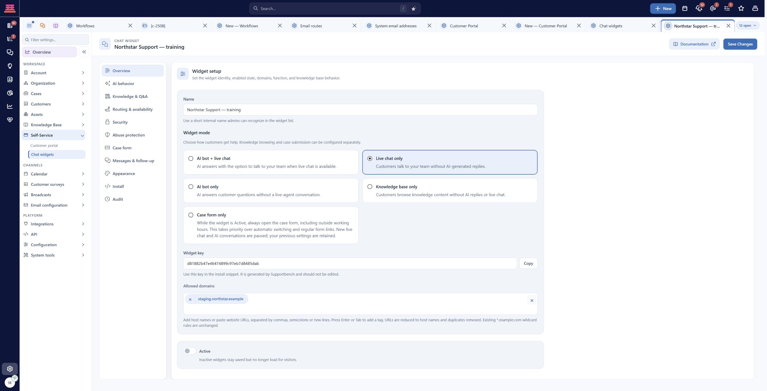 Saved Northstar training widget with Live chat only, a fictional staging domain and Active off. These are example choices, not product defaults.
