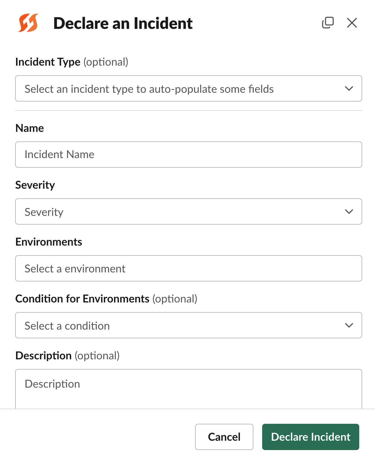 Example Slack declaration modal. These fields [can be customized](doc:incident-fields)