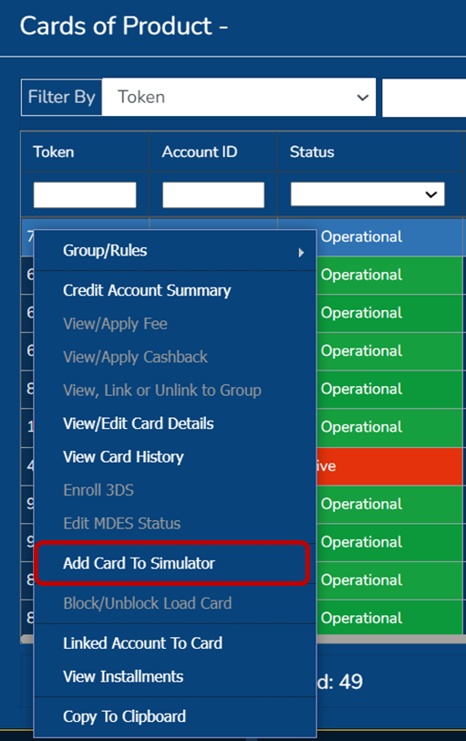 Cards screen: Add card to simulator