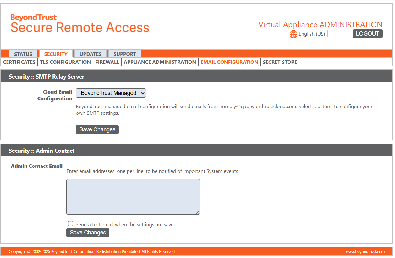 An image of BeyondTrust Secure Remote Access configuration page for setting up an SMTP Relay Server and Admin Contact email. The page includes fields for 'Send From Email Address,' 'SMTP Relay Server Host,' 'Port,' and 'Encryption' options (None, TLS, STARTTLS). It also provides options to upload a Trusted Certificate, select an Authentication Method, and enter Admin Contact email addresses. A checkbox allows sending a test email when settings are saved.