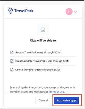 The Perk authorization prompt shown during Okta provisioning setup.