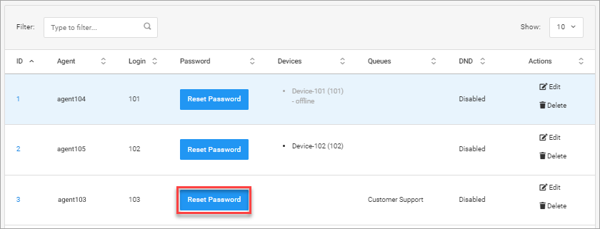 Screenshot of the Configuration > Agents tab: Reset Password option